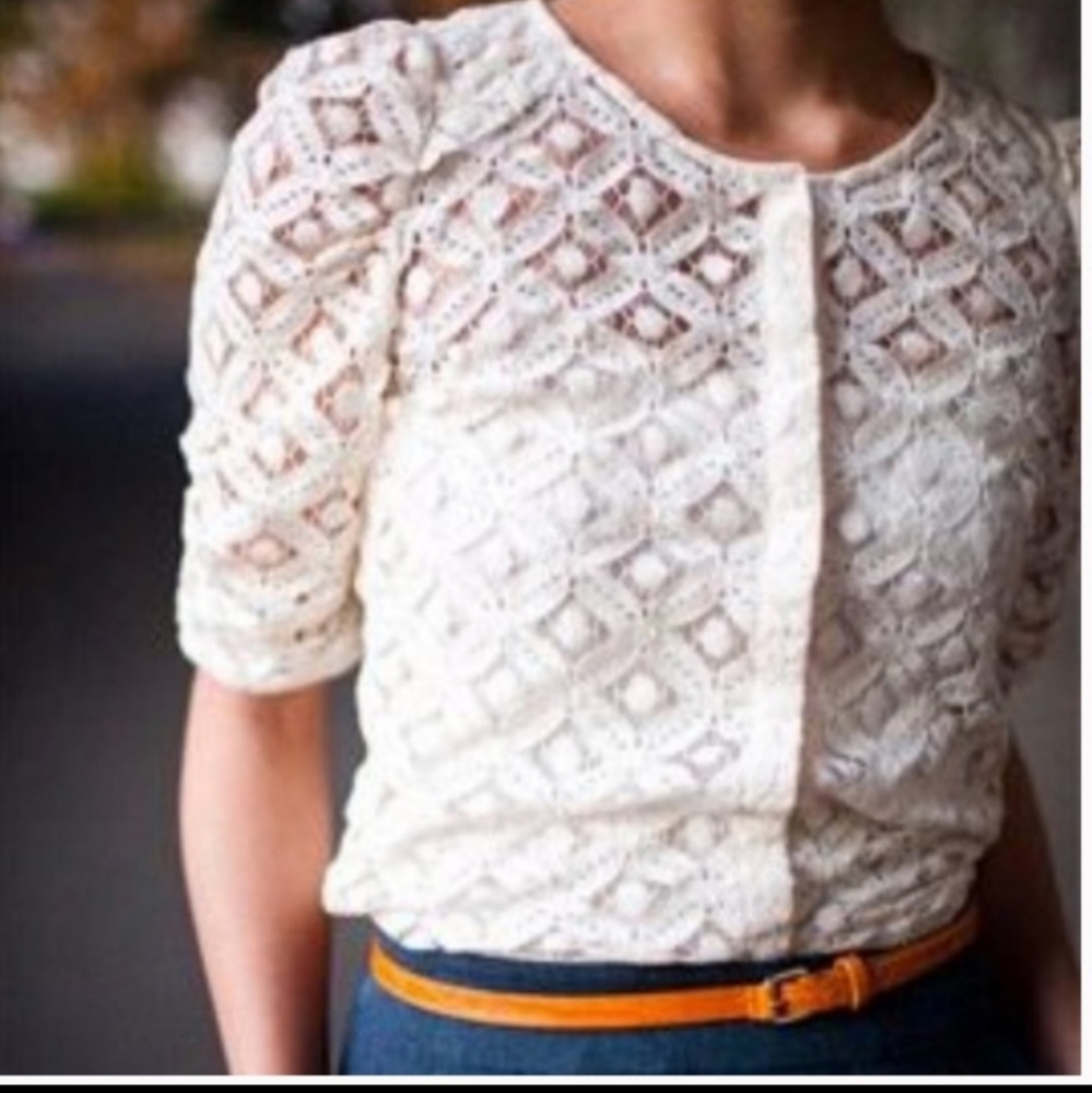 Two Of Us Anthropologie Sheer Leaf Lace Ruched 3/4 Sleeves Top Blouse Ivory 10